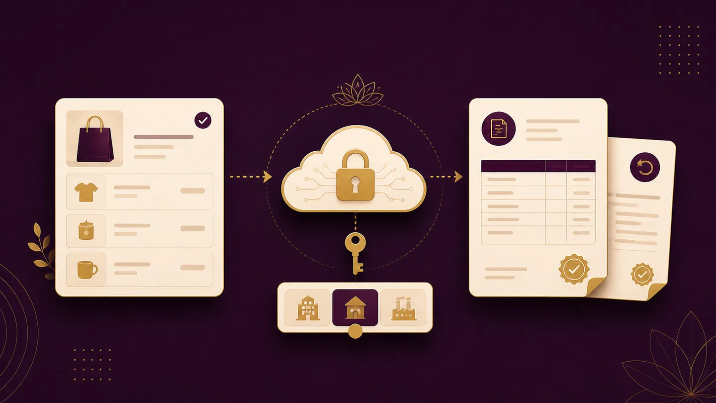 A Shopify order passing through secure cloud authorization into Zoho Books-style accounting documents